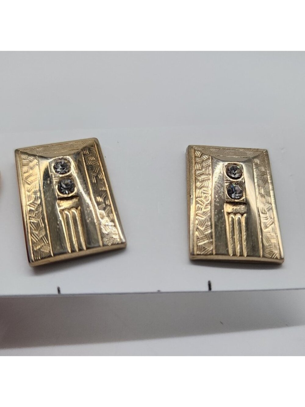 Gold Toned Cufflinks With Rhinestones Rectangles Embossed Design Vintage